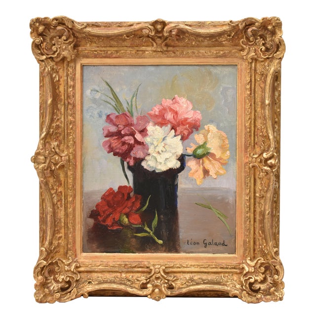 Léon Laurent Galand, Still Life Flowers Vase Carnations, 1920s, Oil on Canvas For Sale - Image 11 of 11