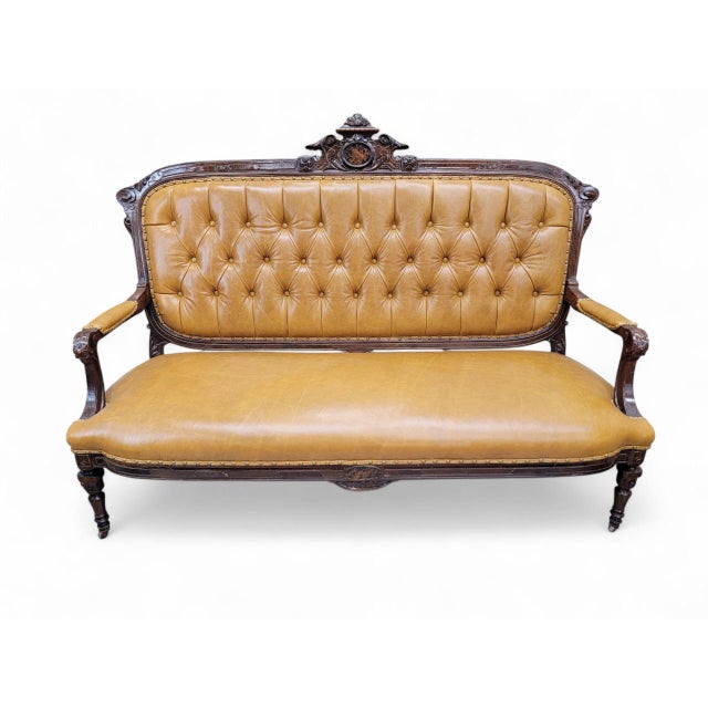 Antique French Regency Style Rosewood Tufted Back Parlor Set Newly Reupholstered in Italian Leather Cognac Color- Set of 4...