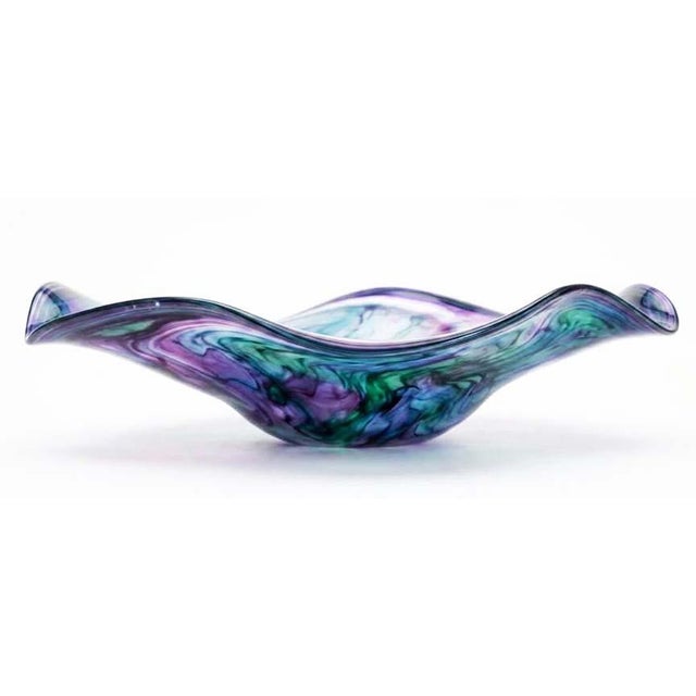 Contemporary Huge 25" Hand-Blown Art Glass Wave Bowl Signed by H. Jensen & Wildfire 3 Views For Sale - Image 3 of 11