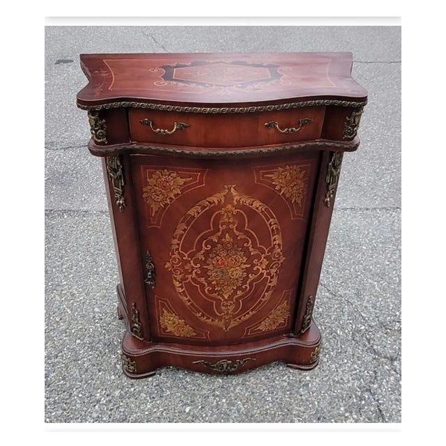 French Continental Mahogany Marquetry and Metal Decorated Side Console Cabinet For Sale - Image 13 of 13