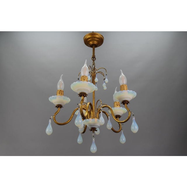 Italian Florentine Gilt Metal and White Opalescent Glass Five-Light Chandelier, 1970s For Sale - Image 12 of 18