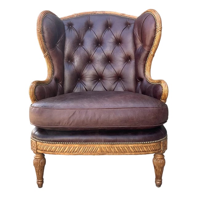 Vintage Tufted Leather Wingback Chair For Sale