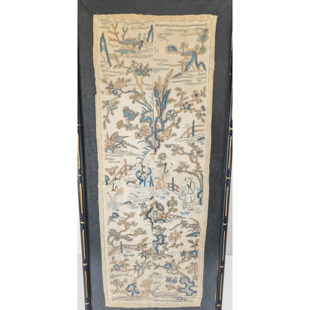 We are selling this nice pair of Chinese silk embroidered robe sleeve panels with figures and forbidden stitch decoration...
