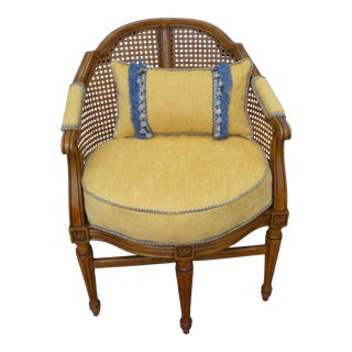 Vintage Cane/Oak Yellow With Blue Accents Club Chair For Sale