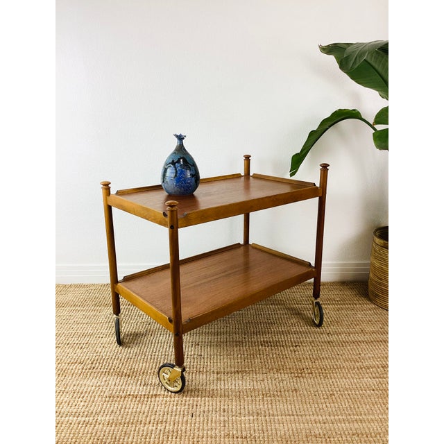 Vintage 1960s Danish Mid-Century Modern Teak Rolling Serving Bar Cart For Sale In Palm Springs - Image 6 of 9