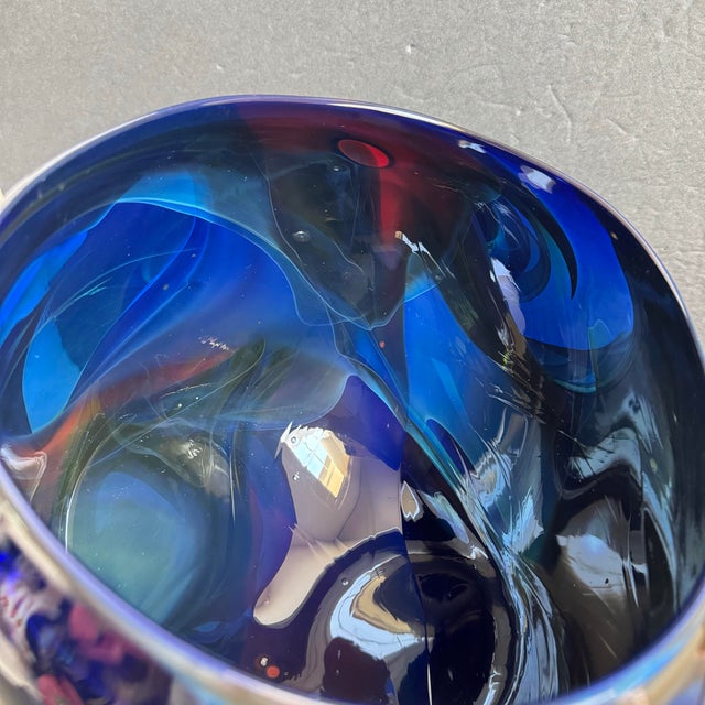 Hollywood Regency Vintage Blue Art Glass Vase Organic Bowl XL Center Piece Red Green Swirl For Sale - Image 3 of 11