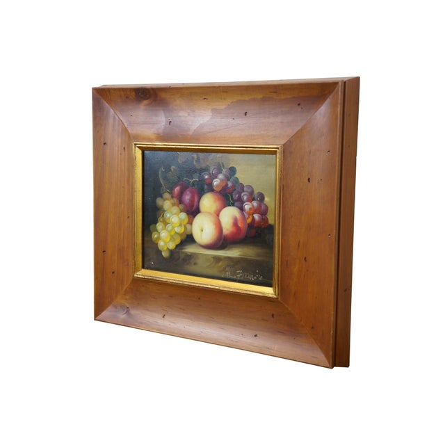 Late 20th century oil on canvas still life painting depicting peaches, plums, and grapes on a stone table. Produced for...