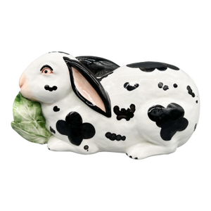 11" Vintage Italian Hand-Painted Porcelain Rabbit Figurine – Black & White Bunny With Lettuce – Mid-Century / Country Chic / Hollywood Regency