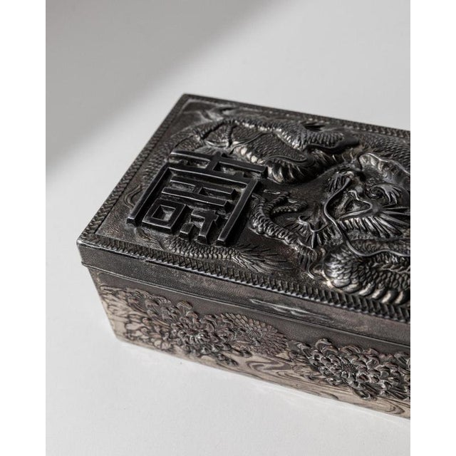 Vintage Japanese Silver-Plated Box with Dragon Motif and Wood Inlay, Early 19th Century For Sale - Image 12 of 17