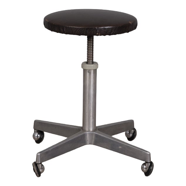 Vintage Industrial Metal and Leather Stool, 1960s For Sale