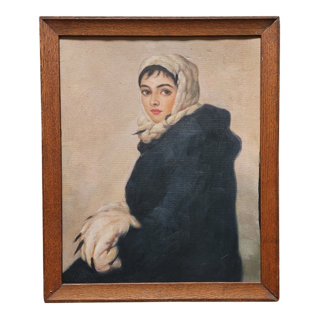 Beautiful Girl With a Muff, Oil on Canvas Portrait Painting For Sale