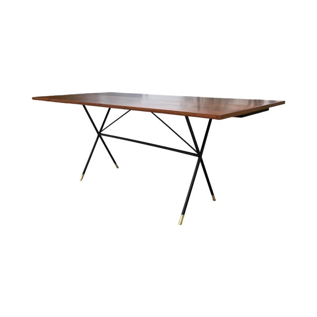 Vintage Rare Mid Century Modern X-Base Wrought Iron Walnut Flip Top Walnut Dining Table / Console / Desk Restored Brass For Sale - Image 4 of 12