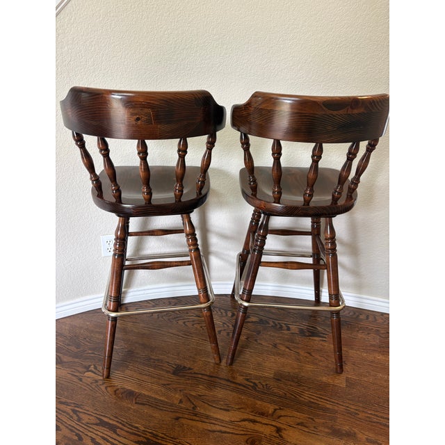 Mid-Century Modern Vintage Ethan Allen Old Tavern Swivel Bar Stools, Model 12-9505 – Pair For Sale - Image 3 of 12