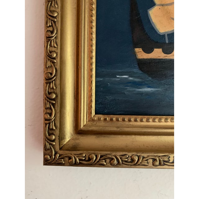 A richly toned maritime seascape set against a deep navy sky, with water in layered blues, creating a sense of depth and...