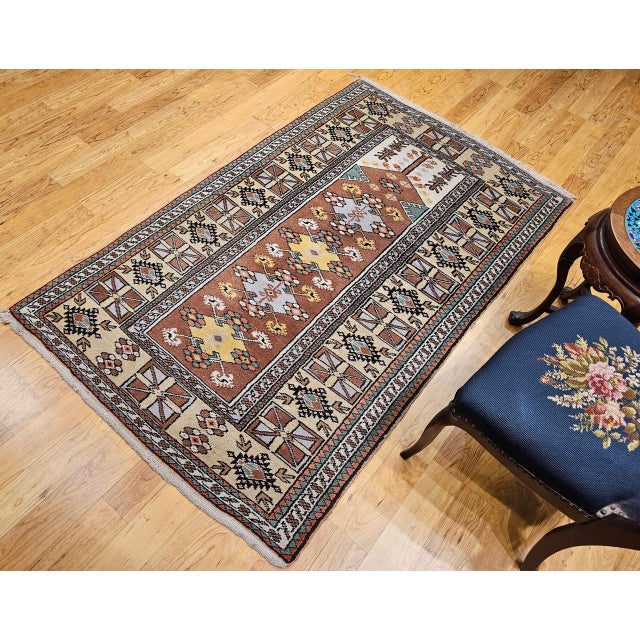 Mid 20th Century Vintage Turkish Area Rug, Handwoven Tribal Wool, Prayer Design, 1930s, 4' x 7' For Sale - Image 5 of 15