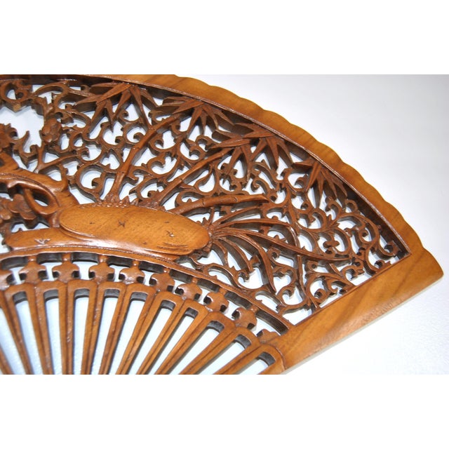 Japanese Rosewood Scuptured Wall Fan With Cherry Blossom Birds and Bamboo Trees For Sale In Salt Lake City - Image 6 of 9