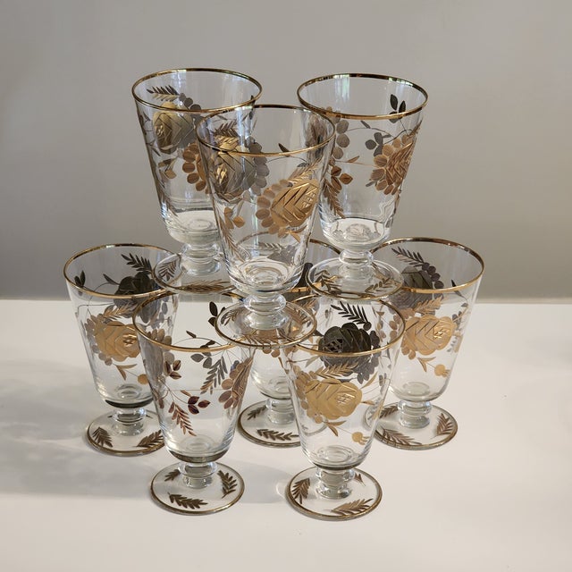1960s Set of 8 24k Gold Encrusted Crystal Liqueur Footed Mini Tumbler Glasses Barware Set For Sale - Image 9 of 13