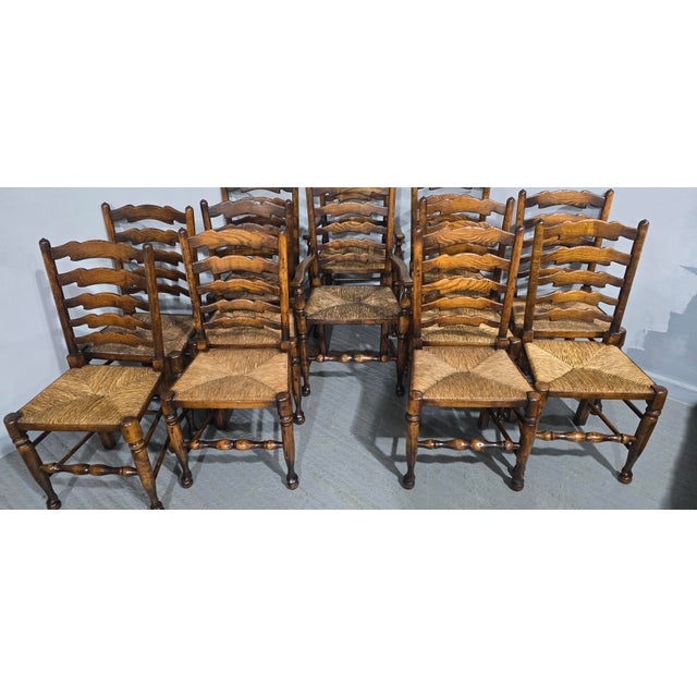 Vintage Lancashire Oak Dining Chairs with Ladder Back, 1920, Set of 12 For Sale - Image 9 of 16