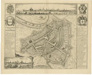 Antique Map with Views of Dendermonde, Belgium, 1735