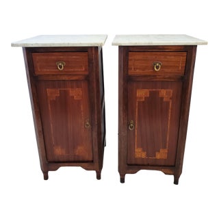 Antique Pair Mahogany Marble Top French Style Night Stands / End Tables W/ Inlay For Sale