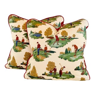 P Kaufmann Printworks Burgundy-Red Blue Brown Green Golf Country Club Toile Pillow Covers- Pair For Sale