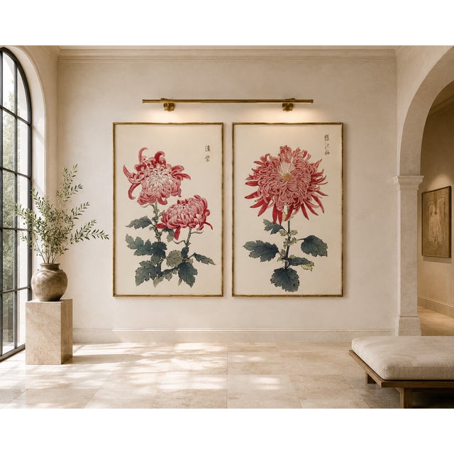 Pink Chrysanthemum Diptych, Vintage Japanese Botanical Art Print (Set of 2), 16" X 24" For Sale In Buffalo - Image 6 of 9