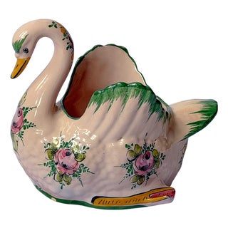 Vintage Portuguese Hand-Painted Pink Floral Ceramic Swan Planter For Sale