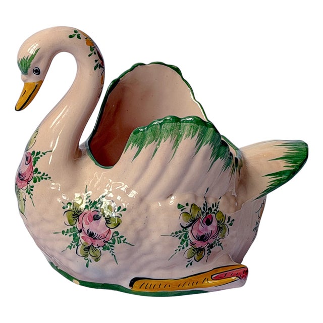 Vintage Portuguese Hand-Painted Pink Floral Ceramic Swan Planter For Sale