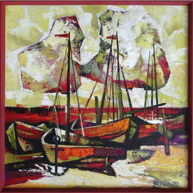 Boats. 1980. Canvas, oil, 70x70 cm Contrasting landscape with boats in cubistic style in red and yellow tones This piece...
