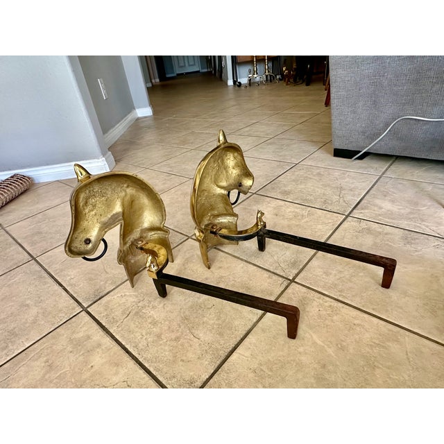Pair of Brass and Iron Horse Equestrian Andirons For Sale - Image 16 of 18