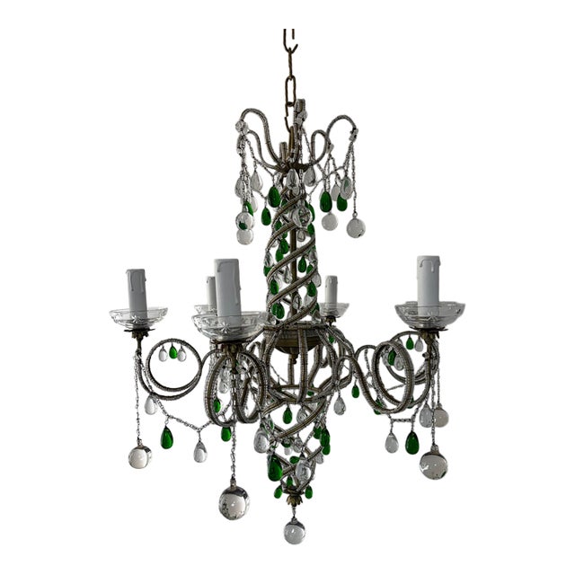 French Maison Baguès Murano Green Drops Beaded Scrolls Chandelier Rare C 1940 For Sale