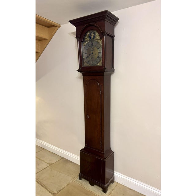 Antique George III Arched Dial Long Case Clock in Mahogany and Brass, 1800 For Sale - Image 3 of 8