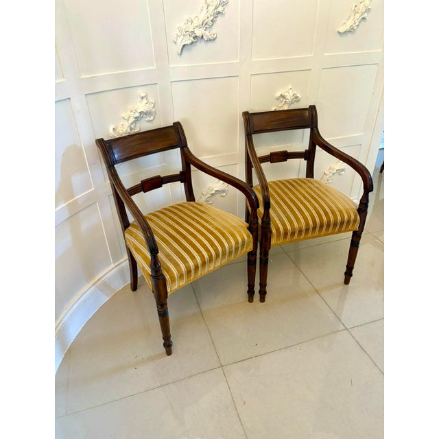 Pair of antique George III quality mahogany desks chairs having a mahogany shaped reeded top rail and centre splat, shaped...