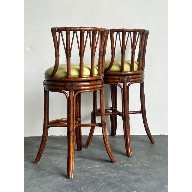 Wood Vintage Boho Bent Rattan Bar Stools - A Pair For Sale - Image 7 of 8