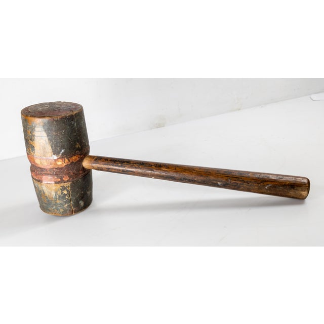 Brown 19th or 20th Century Rustic Primitive Folk Art Red and Blue Painted Wood Mallet For Sale - Image 8 of 10