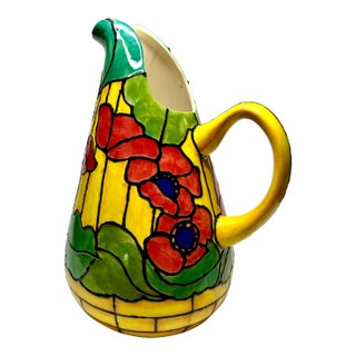 Vintage Art Nouveau Tiffany Style "Poppy Flowers" Painted Ceramic Pitcher, Yellow, Red, and Navy Blue For Sale
