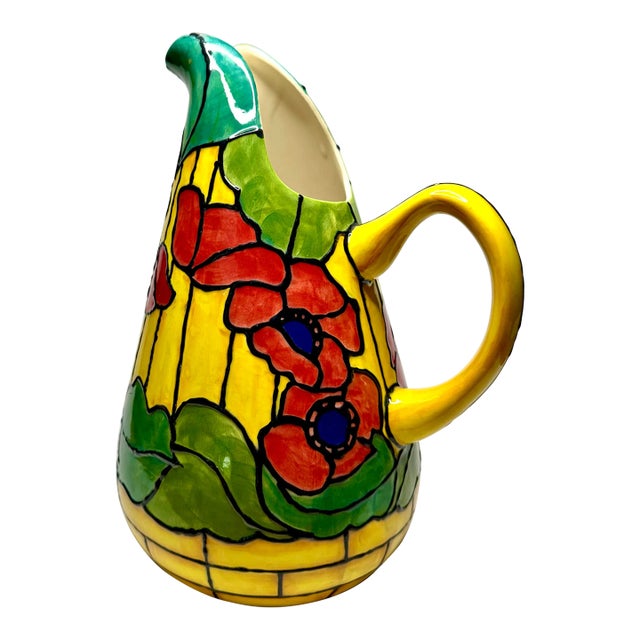 Vintage Art Nouveau Tiffany Style "Poppy Flowers" Painted Ceramic Pitcher, Yellow, Red, and Navy Blue For Sale