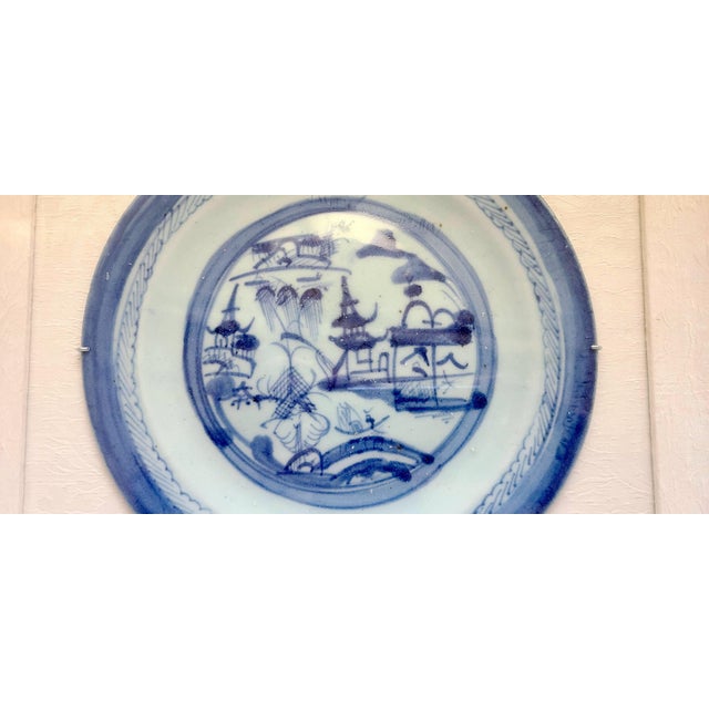 Charming 18th Century Pair of Canton Blue and White Ceramic Plates - Framed For Sale - Image 4 of 9