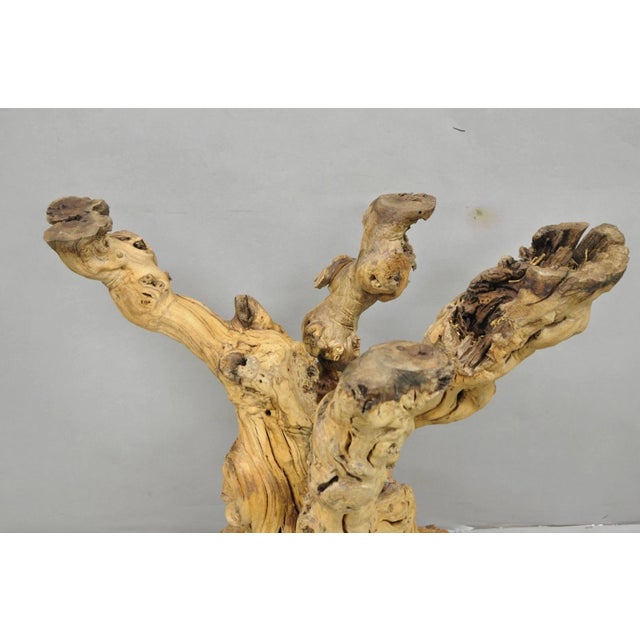 Wood Vintage Mid Century Modern Natural Burl Driftwood Demilune Glass Console Table For Sale - Image 7 of 18