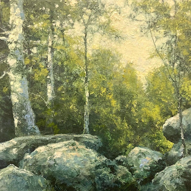 When Last We Met by Shawn Krueger | Oil on Arches Oil Paper, Mounted to ACM Panel Landscape with trees and rocks For Sale