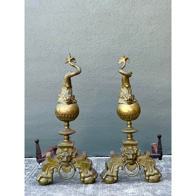 Baroque Vintage Brass Koi Andirons - A Pair For Sale - Image 3 of 12