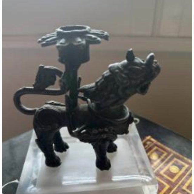 1950s Vintage Bronze Chinese Foodog Candlestick Holder For Sale - Image 5 of 9