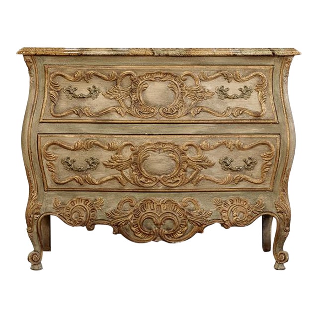 19th Century French Marble Carved Demilune Bombe Bowed Green Chest For Sale