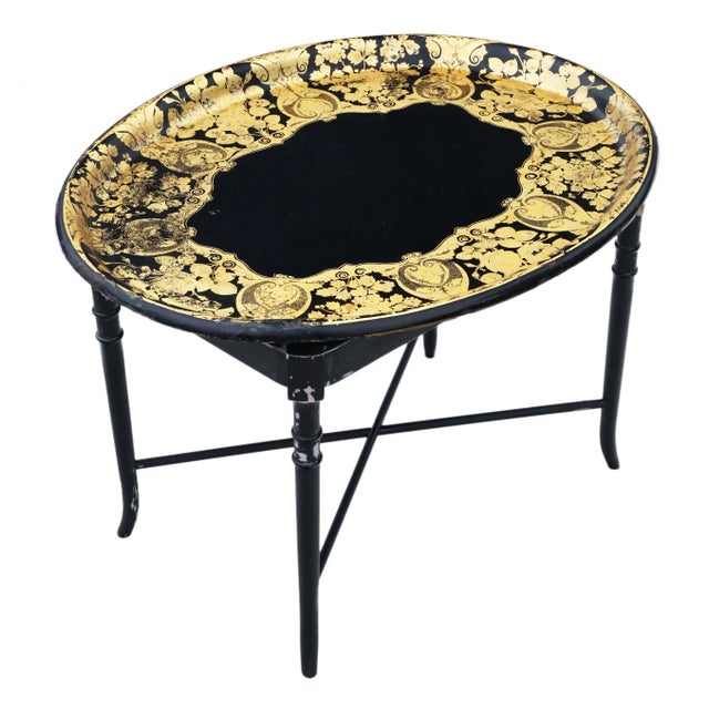 Victorian Black Lacquer Decorated Tray on Stand Coffee Table For Sale - Image 4 of 12