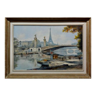 M . Jampol -Eiffel Tower River Scene-1960s French Impressionist Oil Painting For Sale