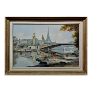 M . Jampol -Eiffel Tower River Scene-1960s French Impressionist Oil Painting