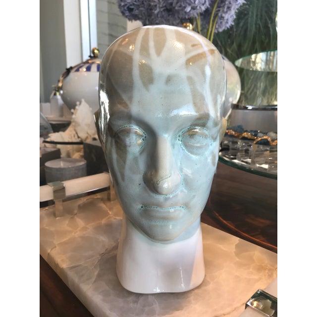 Sky Blue Vintage Drip Glaze Ceramic Head Figure For Sale - Image 8 of 8