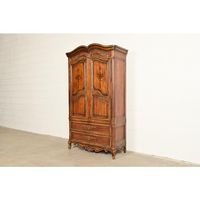French Provincial Drexel Heritage French Provincial Louis XV Carved Walnut Armoire Dresser or Linen Press For Sale - Image 3 of 16
