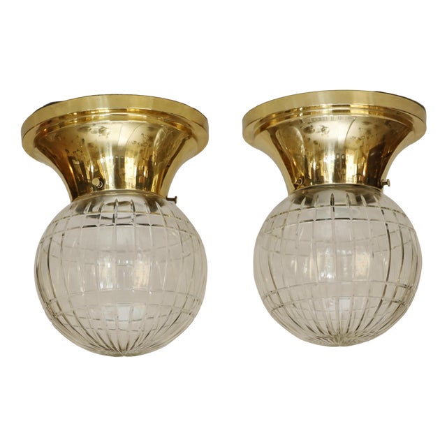 Art Nouveau Ceiling Lamps in Brass and Glass, 1890s, Set of 2 For Sale