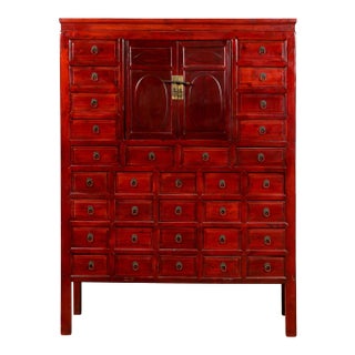 Chinese Qing Dynasty Period Red Lacquered Apothecary Cabinet with 32 Drawers For Sale